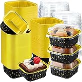 Gandeer 200 Pack 5 oz Mini Cake Pans with Lids, Aluminum Foil Mini Baking Tins, Square Disposable Cupcake Baking Cups Dessert Containers for Christmas Wedding Birthday Winter Party(Black,Stylish)