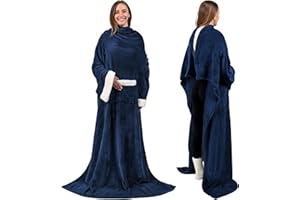 PAVILIA Fleece Blanket with Sleeves for Women Men Adults, Wearable Blanket Warm Soft Plush, Hug Sleep Pod Snuggle Pocket Sleeved TV Throw Wrap, Cozy White Elephant Gifts Ideas for Mom Wife, Navy Blue