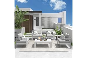 Solaste Aluminum Patio Furniture Set, 5 Seats Modern Outdoor Conversation Set Couch Sofa with Upgrade Cushion and Coffee Table, White