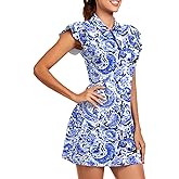 Soneven Tennis Dress for Women Floral Ruffle Sleeve Golf Dresses with Shorts and Pockets 1/4 Zip Golf Outfits