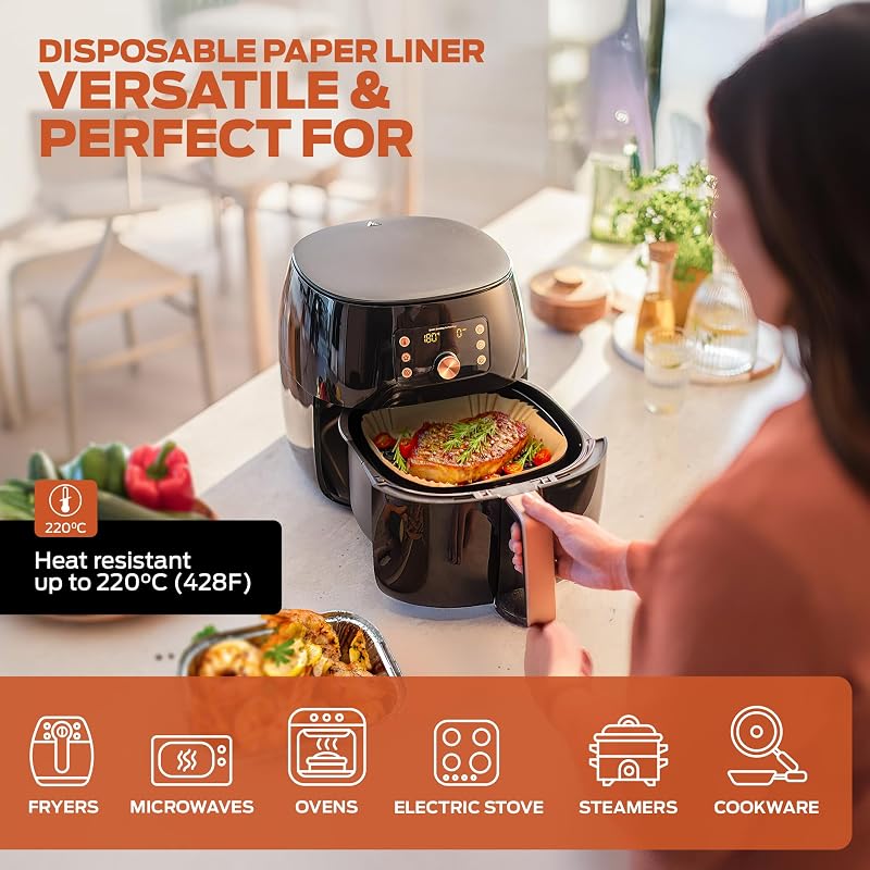 Papel freidora aire 100 unidades de 20-24 cm Cuadrado. Para Air Fryer, Grado alimenticio con triple certificación BPA free, FDA y LFGB