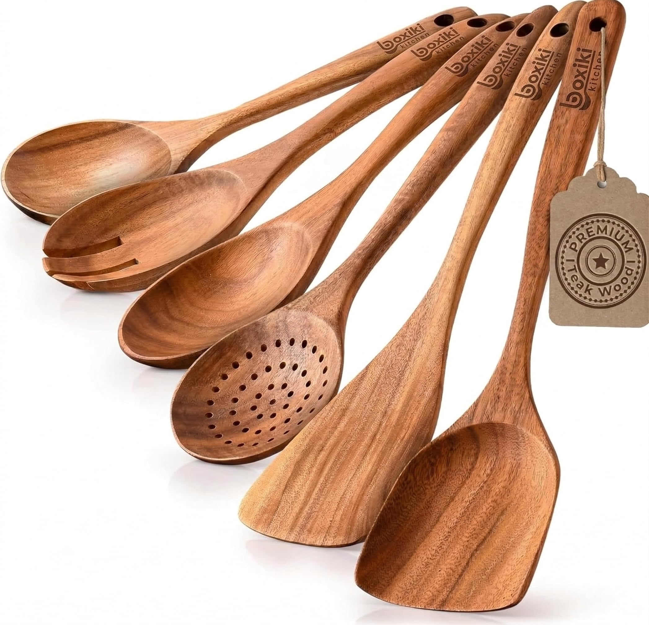 Wooden Spoons for Cooking Set of 6 - Teak Wood Kitchen Utensil Set, FSC Certified Non Toxic Wooden Cooking Utensils with Spatula Mixing Spoon Ladle and Salad Fork for Nonstick Pans by Boxiki Kitchen