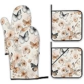 Butterfly Oven Mitts and Pot Holders,Boho Floral Flower Heat Resistant Oven Mitts Gloves and Pot Holder for Home Kitchen Decorations Cooking Baking BBQ Gifts,Set of 4