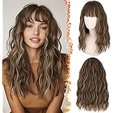 BARSDAR Medium Length Brown Blonde Wig With Bangs - 18 Inch Wavy Brown Blonde Highlight Wig With Bangs for Women, Curly Wavy Synthetic Shoulder Length Wigs Daily Party Halloween