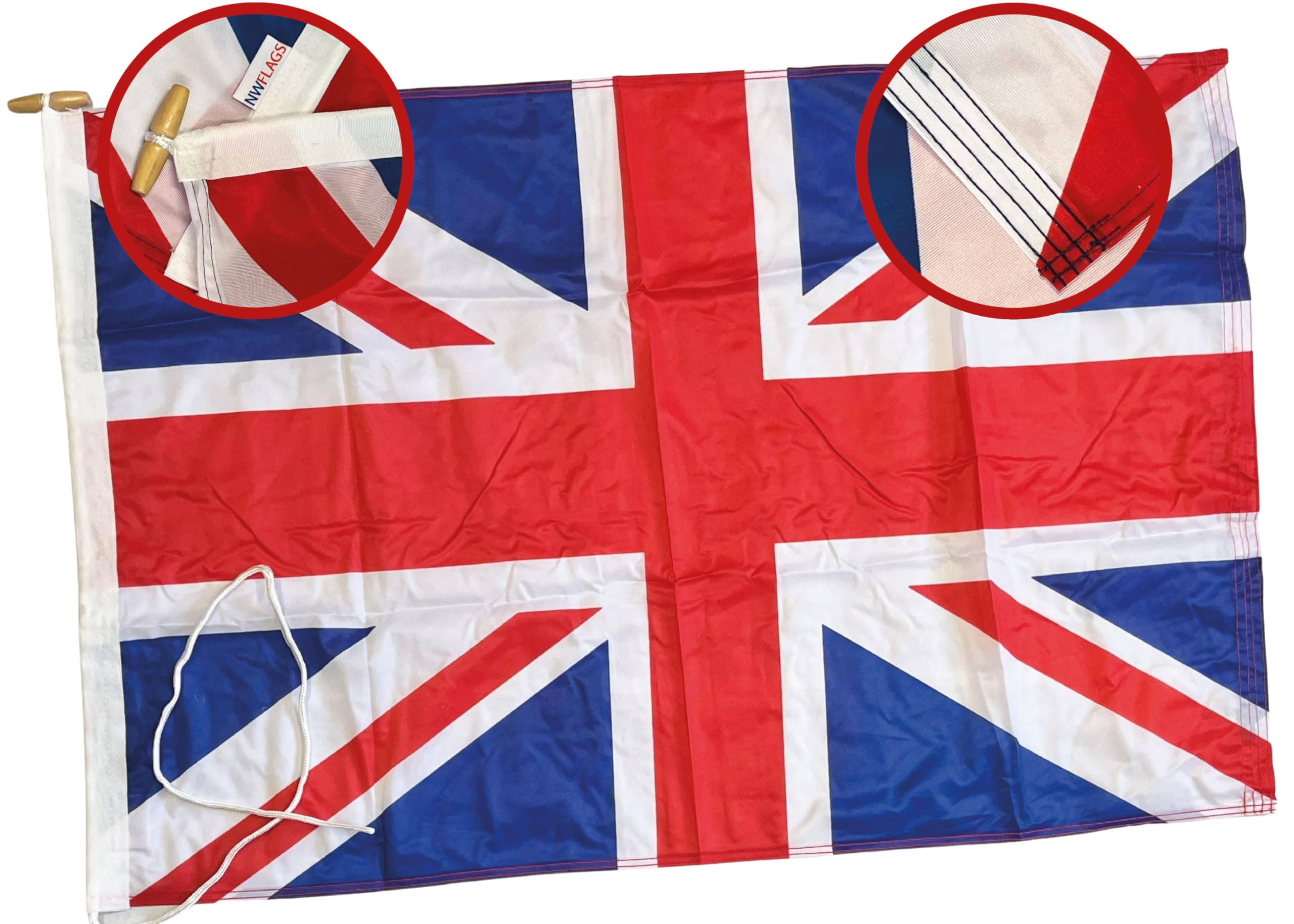 NWFlags Union Jack Flag 150d Nylon Rope & Toggle 3ft x 2ft for Professional Flagpole | Strong Union Flag