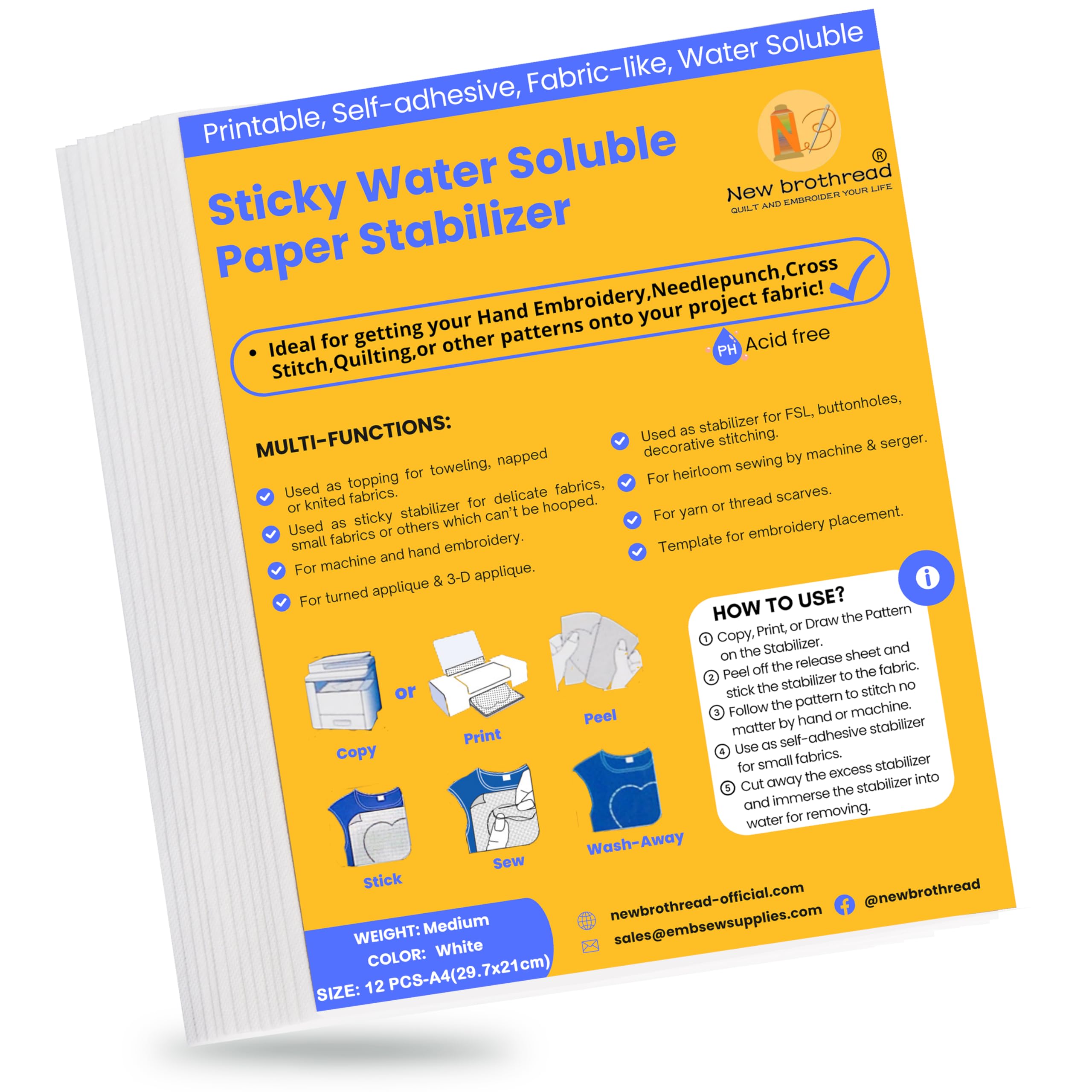 New brothread 12PCS A4 (29.7x21cm) Sticky Water Soluble Embroidery Stabilizer Printable Embroidery Paper - Medium Weight - Allowed for Print or Draw Patterns Best for Hand & Machine Embroidery