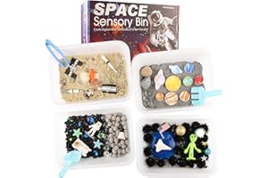 VMNLOOKING Space Themed Sensory Bin Filler,Planet Toys for Kids, Universe Solar System for Autistic Children, Space Astronauts Sensory Toys for Toddlers with 9 Planets, Sand, 3 Tools and More