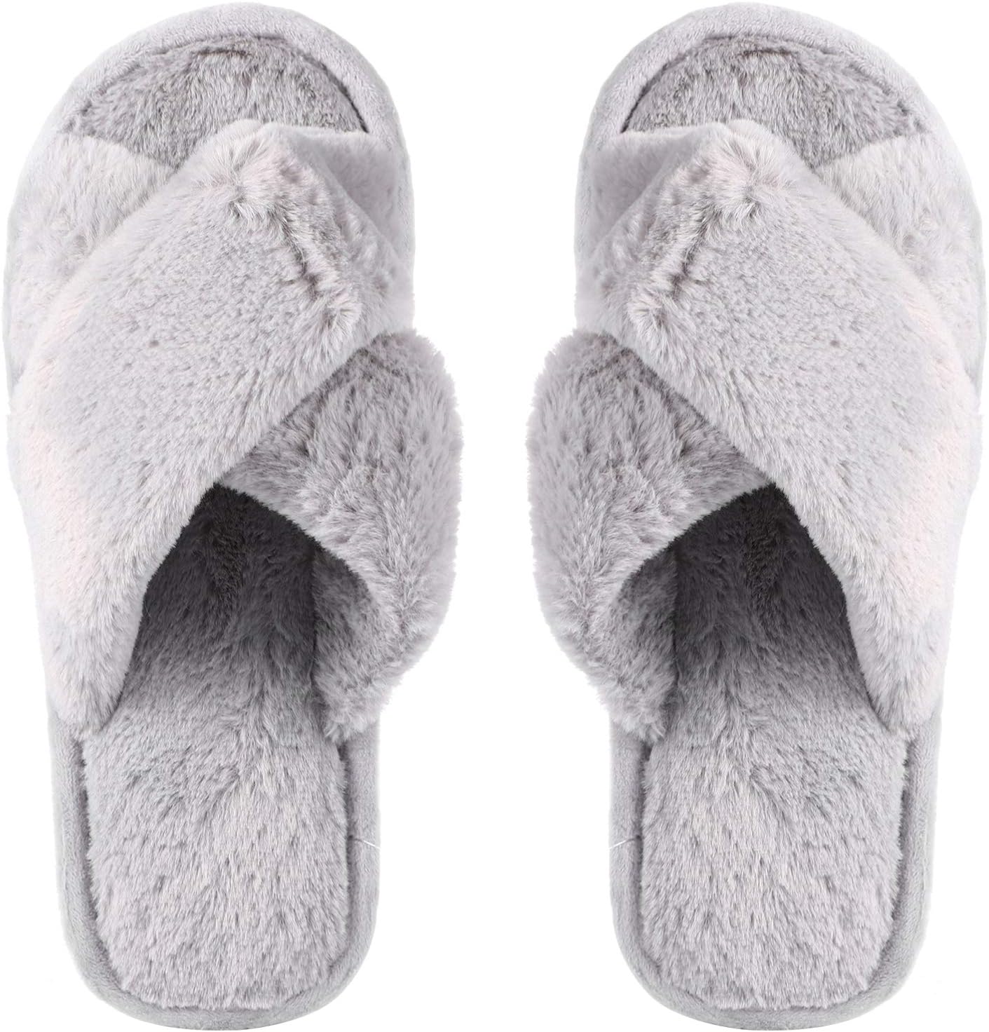 SOIMISS Winter Plush Cross Slipper Coral Fleece Furry Fluffy Open Toe House Shoes for Women Indoor Comfy Slip On Footwear Supply(Grey)