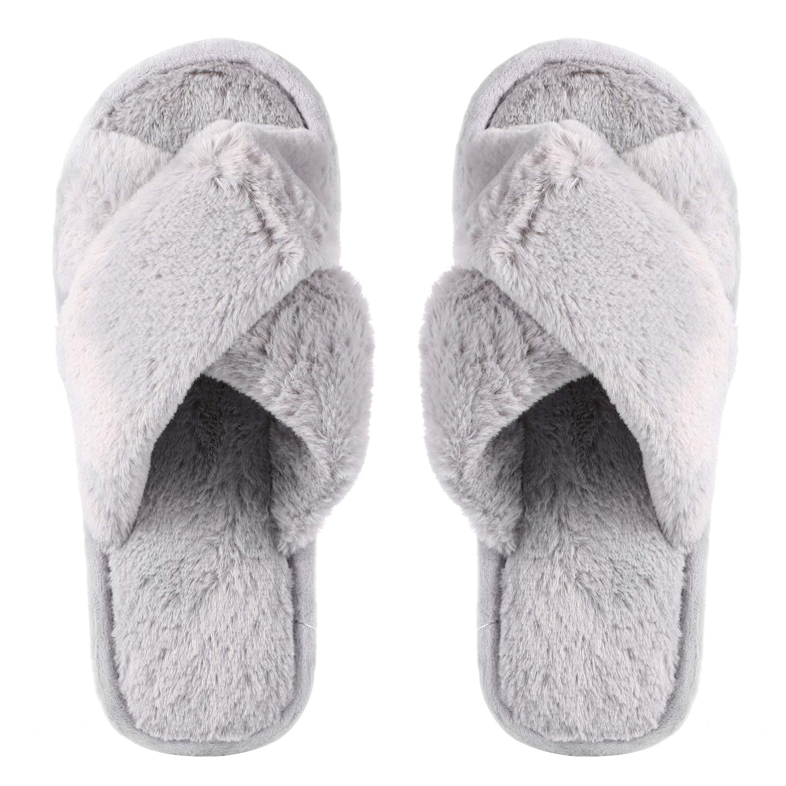 SOIMISS Winter Plush Cross Slipper Coral Fleece Furry Fluffy Open Toe House Shoes for Women Indoor Comfy Slip On Footwear Supply(Grey)