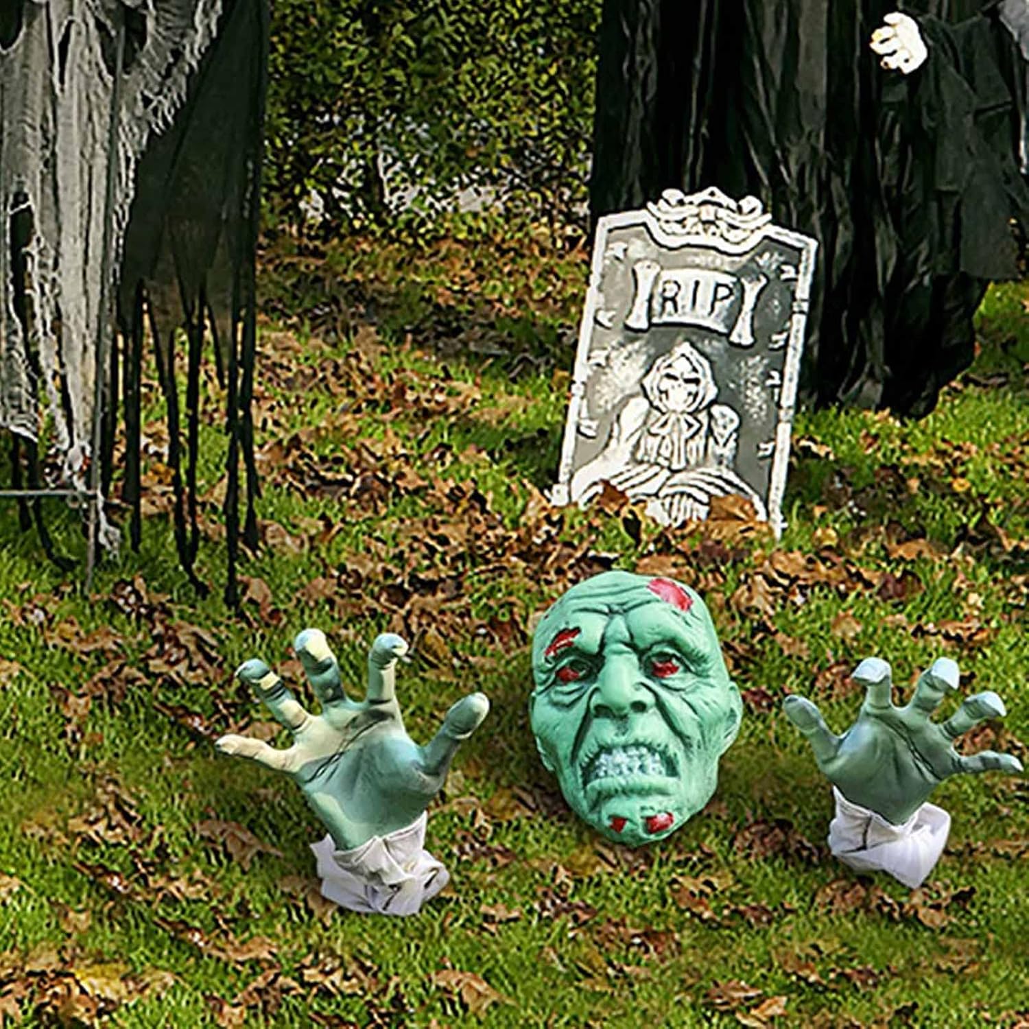 Decorative Garden Stakes - OMKNEPS Halloween Outdoor Decorations, Scary Zombie with Face and Arms Lawn Stakes, The Best Outdoor Graveyard Decoration for Halloween for Cemetery, Haunted House, Coffin Party (Zombie-Green)