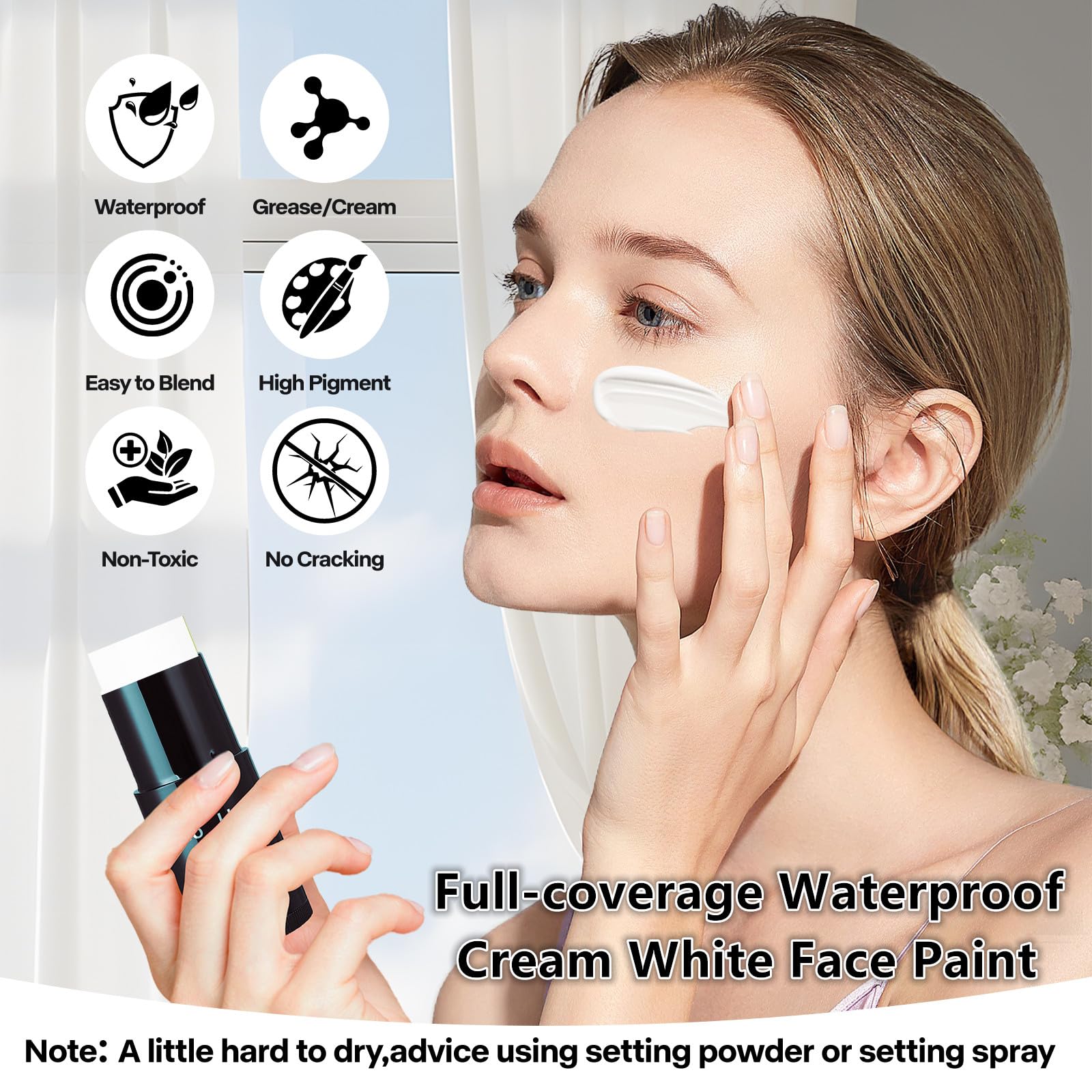 Go Ho Cream-Blendable Clown White Face Paint Stick,Full-coverage Waterproof Face Body Paint for Halloween Cosplay Jokester Zombie Vampire Skeleton Clown SFX Makeup,White Eye Black Stick