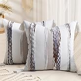 decorUhome Boho Decorative Throw Pillow Covers 18x18 Set of 2, Striped Chenille Tufted Pillow Covers with Tassels for Couch Bed Sofa, Cream White and Khaki