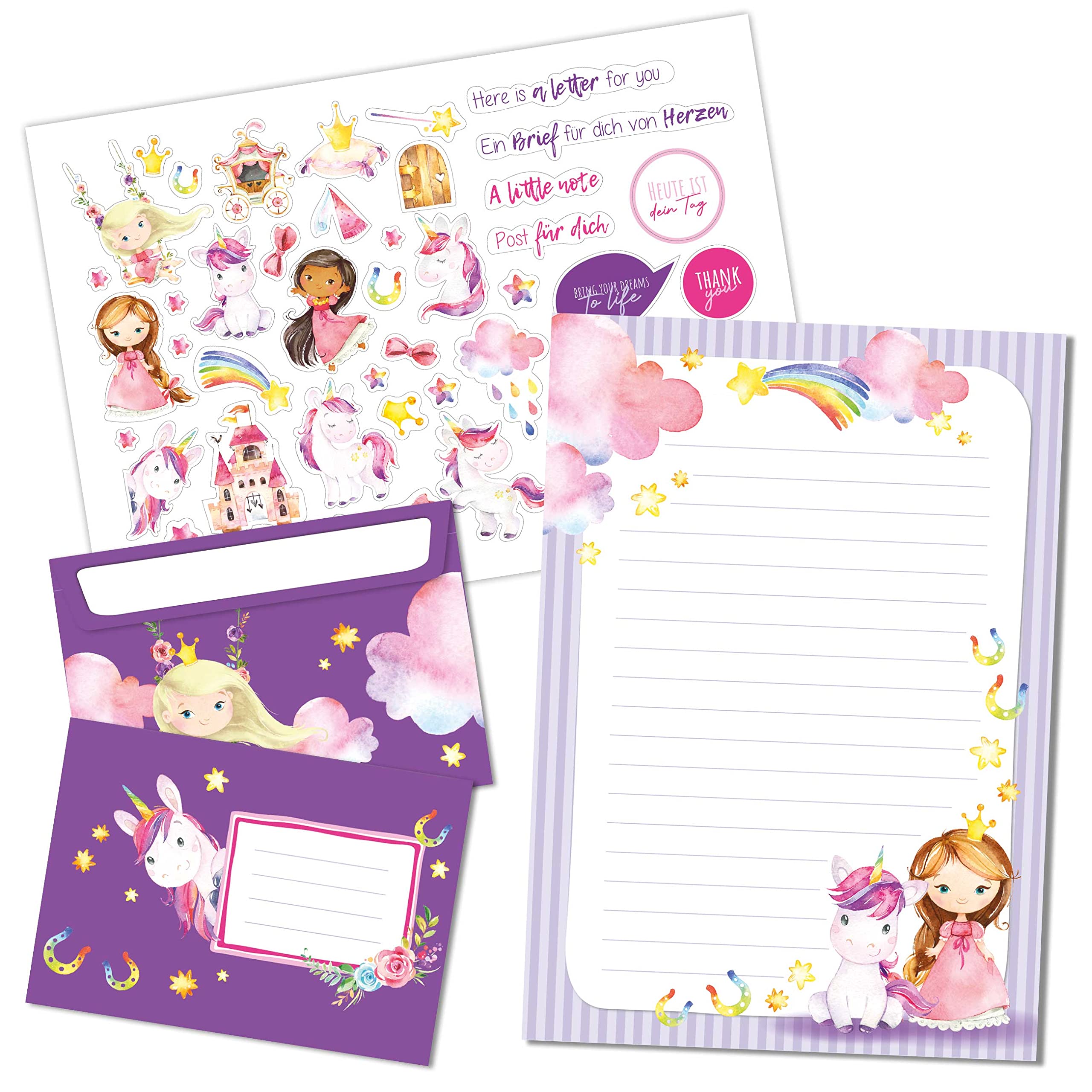 Papierdrachen Writing Pad Set - 50 colourful printed sheets - Writing paper with sticker sheet - 20 printed envelopes - Gift idea for children - Unicorn — image 1