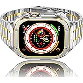 HASLFM Stainless Steel Watch Band with Case Compatible with Apple Watch Ultra 3/2/1 (49mm),Metal Strap and Rugged Protective Cover for iWatch Bands Cases Men, Silver/Gold