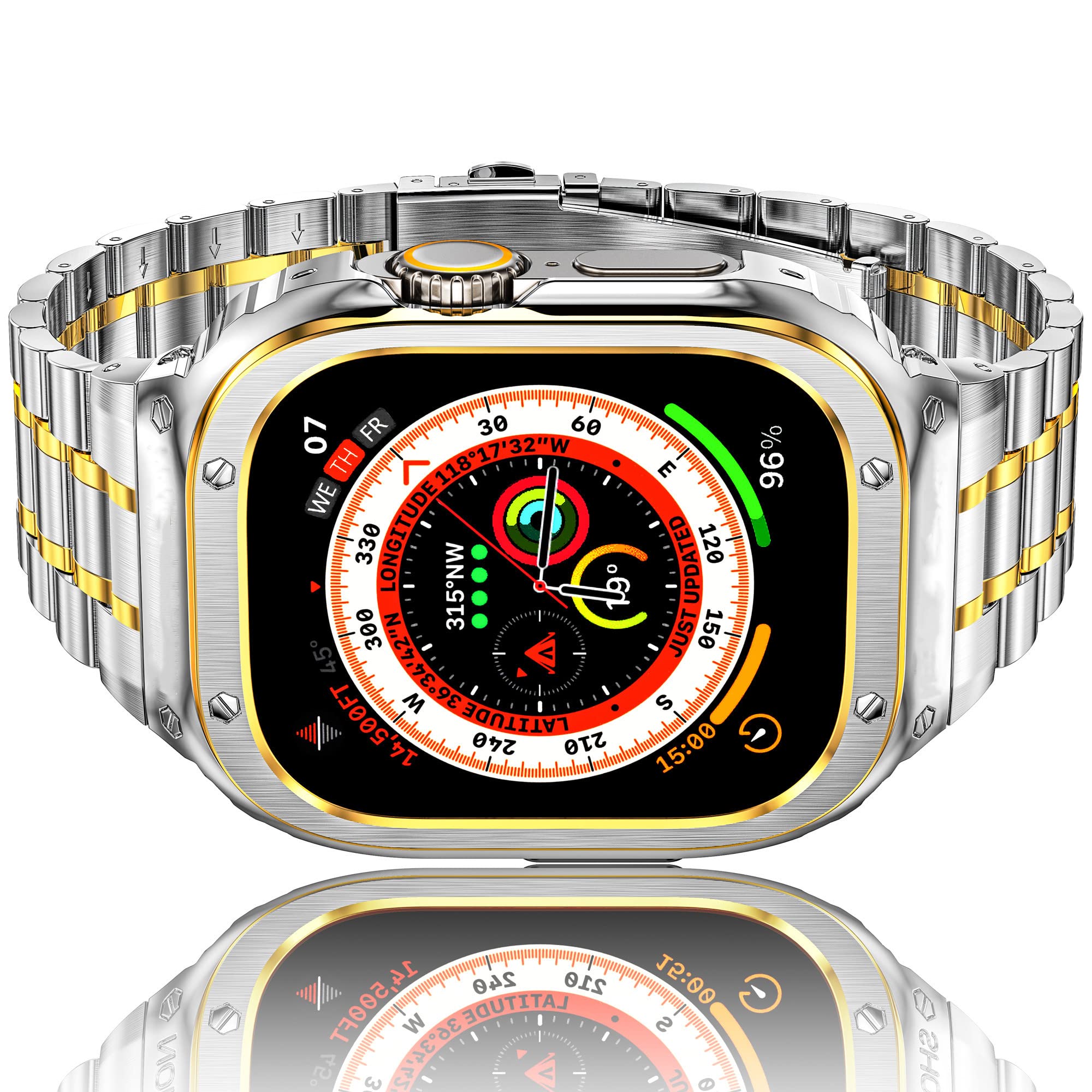 HASLFM Stainless Steel Straps with Case Compatible for Apple Watch 49mm Series Ultra 3/2/1, Rugged Metal Replacement Straps with Cover for iWatch Ultra 3/2/1 Men, Silver-Gold