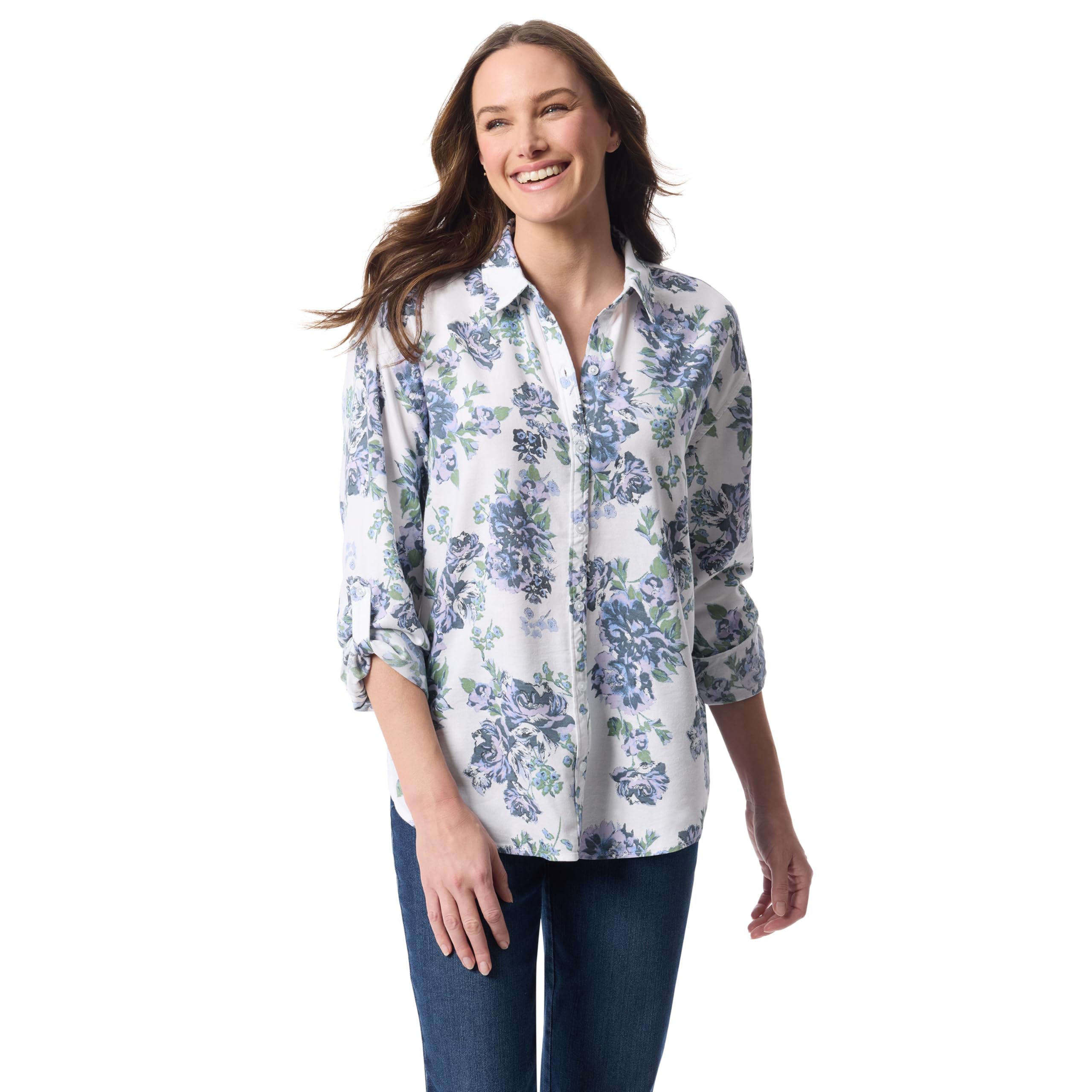 Gloria Vanderbilt Women’s Amanda Oversized Button Down Shirt with Roll-Tab Sleeves Standard, Multi White-Oleander Garden
