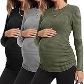 Sweetyweee 3 Pack Women's Maternity Shirts Long Sleeve Waffle Thermal Pregnancy Tee Crew Neck Side Ruched Mama Clothes