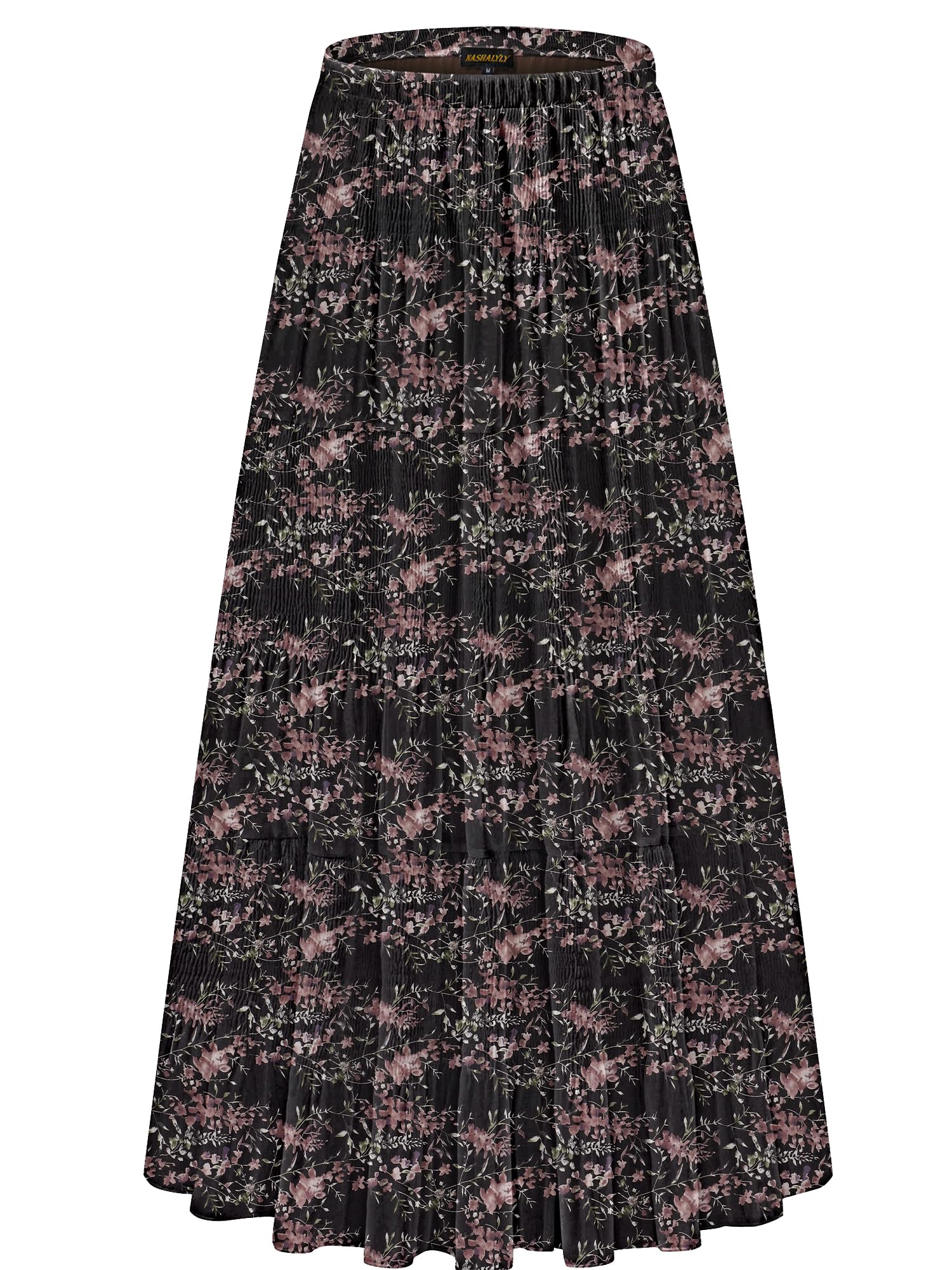 NASHALYLY Women's Chiffon Elastic High Waist Pleated A-Line Flared Maxi Skirts(Brown Pink Floral,M) Image