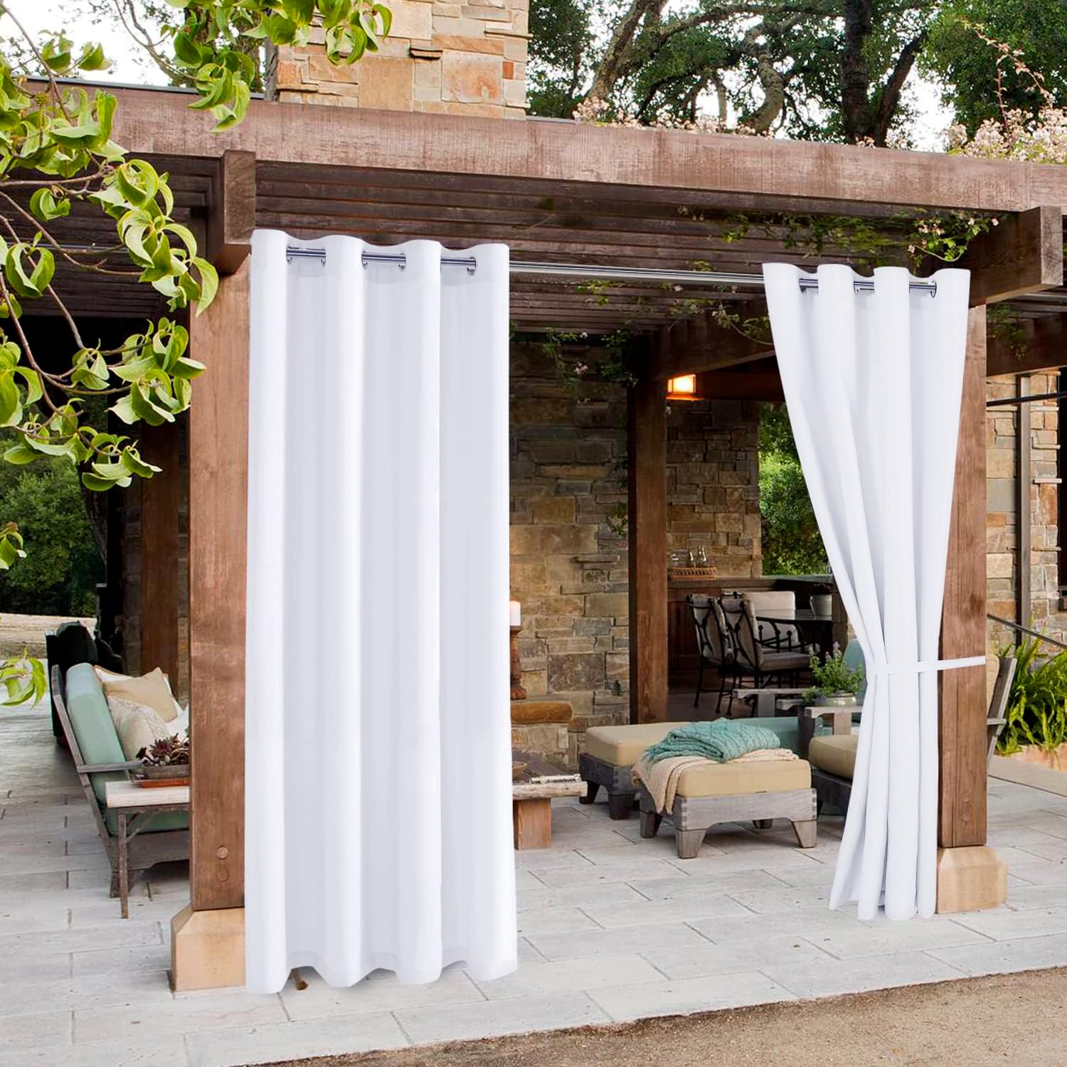 Outdoor Curtains - Hiasan White Outdoor Curtains for Patio Waterproof, 100 x 96 inch - Privacy Indoor Outside Curtains for Gazebo/Porch/Pergola (Single Panel Sewn with 2 Tiebacks, Top of Grommet)