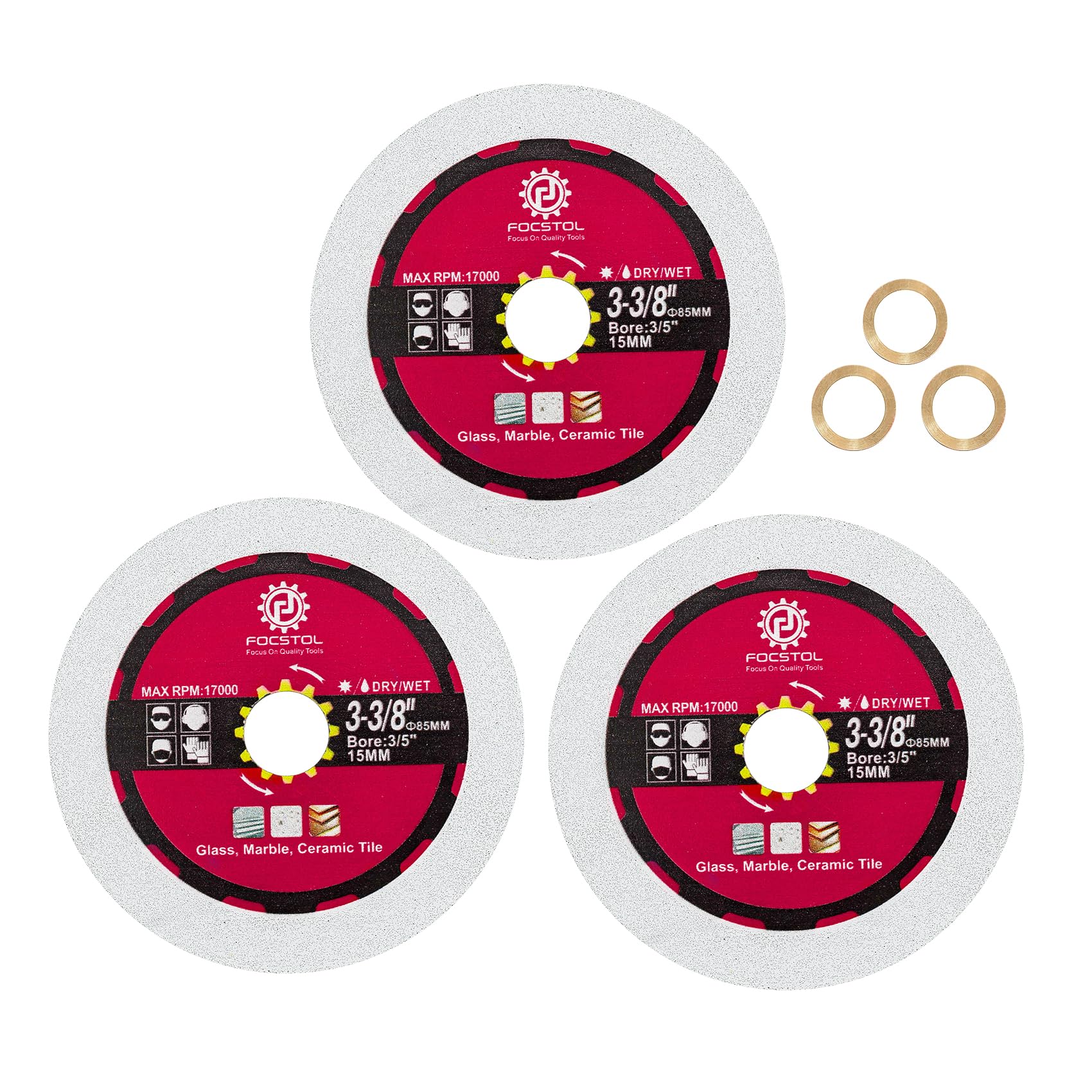 FOCSTOL Diamond Glass Cutting Disc - 3pcs 85 mm Diamond Saw Blade for Glass Jade Crystal Wine Bottle for Angle Grinder Arbor 15 mm x 10 mm