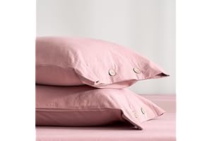 JELLYMONI Linen Pillowcases Standard Set of 2 Cotton Button Pillow Covers Darker Rose