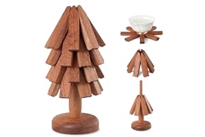 Fzaqwen Wooden Trivets for Hot Dishes - Walnut Tree Shape Table Insulation Mat Set for Hot Pots and Pans Collapsible Coasters Heat Resistant Pads for Kitchen Counter 4 Wooden Trivet and 1 Stand