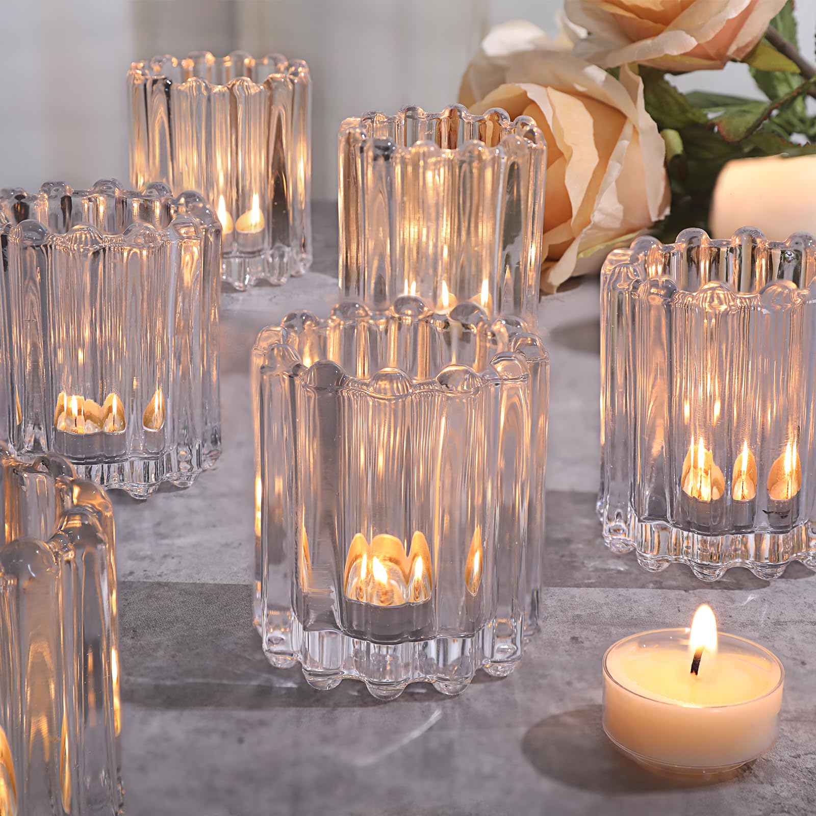 Photo 1 of HAVITI Glass Clear Votive Candle Holder, Ribbed Votive Candle Holders Set of 6, Tealight Candle Holder for Wedding Centerpieces Dinner Party Table Decor