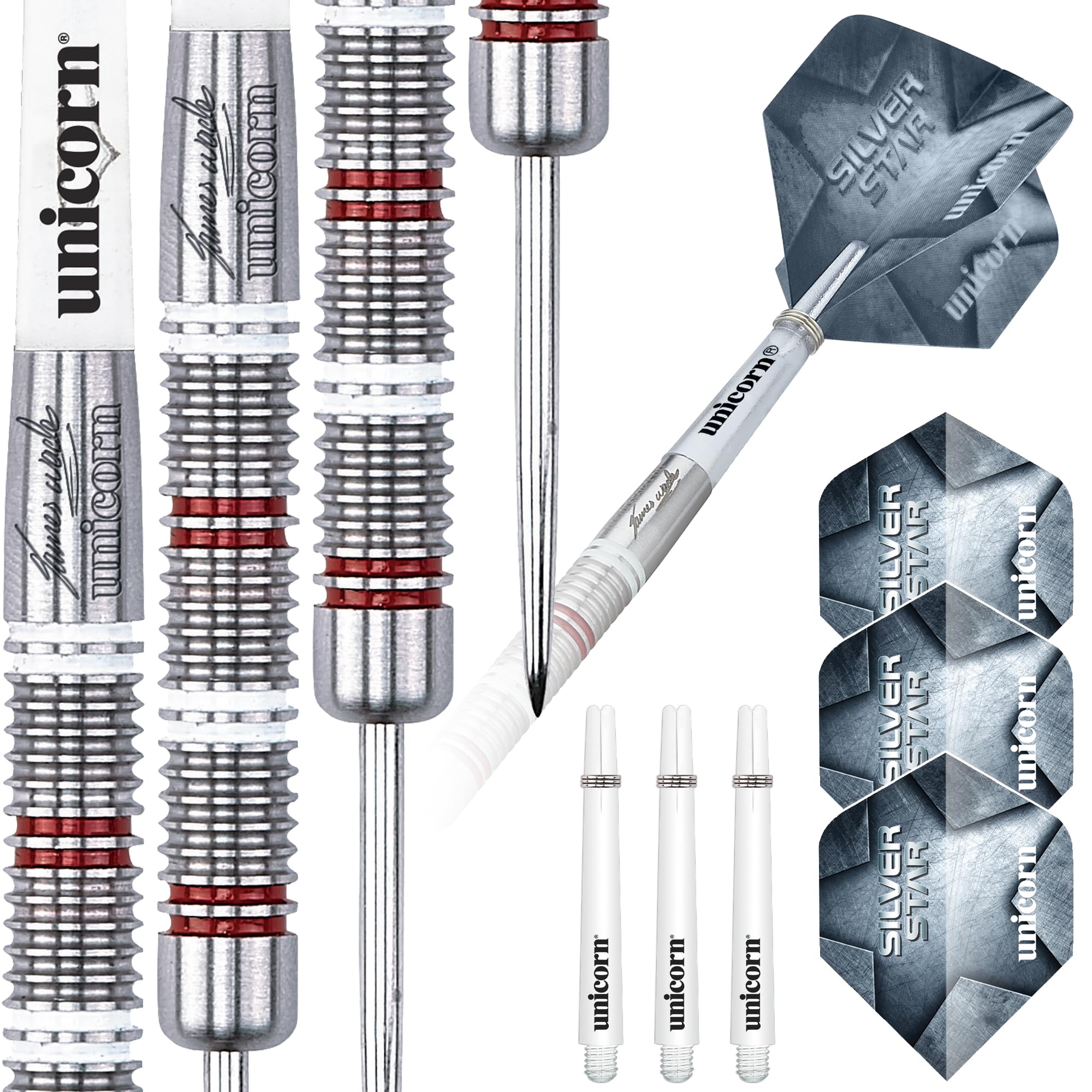Unicorn Steel Tip Professional Darts Set | James 'The Machine' Wade Silver Star | 80% Natural Tungsten Barrels | 22 g