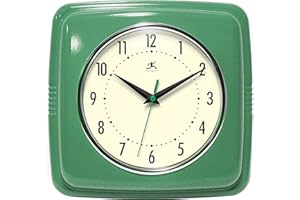 Infinity Instruments Square Silent Retro 9 inch Mid Century Modern Kitchen Diner Retro Wall Clock Quartz Sweep Movement (Green)
