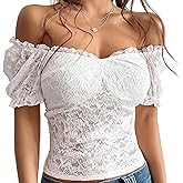 KWSTAIN Lace Tops for Women Off Shoulder Going Out Tops Sexy Sheer Mesh Puff Short Sleeve Summer Crop Floral Corset Top