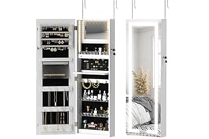 HOMCOM LED Lighted Mirror Jewelry Cabinet Armoire with Full-Length Mirror, Lockable Wall/Door Mounted Jewelry Organizer, Whit