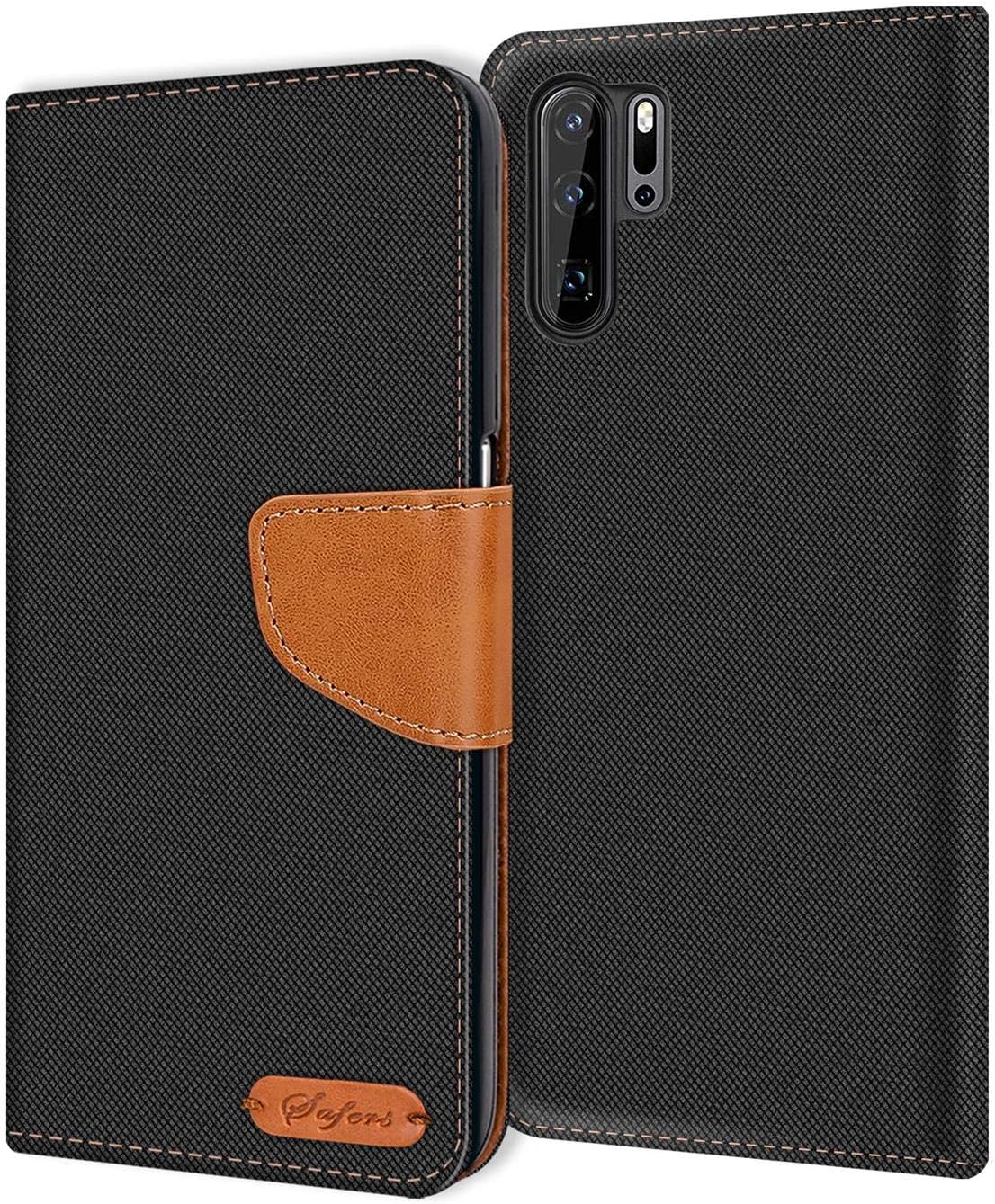 Verco Phone Wallet Case compatible with the Huawei P30, Canvas Faux Leather Book Cover for the P30 Flip Case Bag Hinged - Black