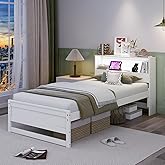 GIANTEX Twin Bed Frames with Storage Headboard, Wood Platform Bed with Charging Station &amp; LED Light, Single Bed with Slats Support, Under-Bed Space, Twin Bed Frames for Kids Girls Boys (White)