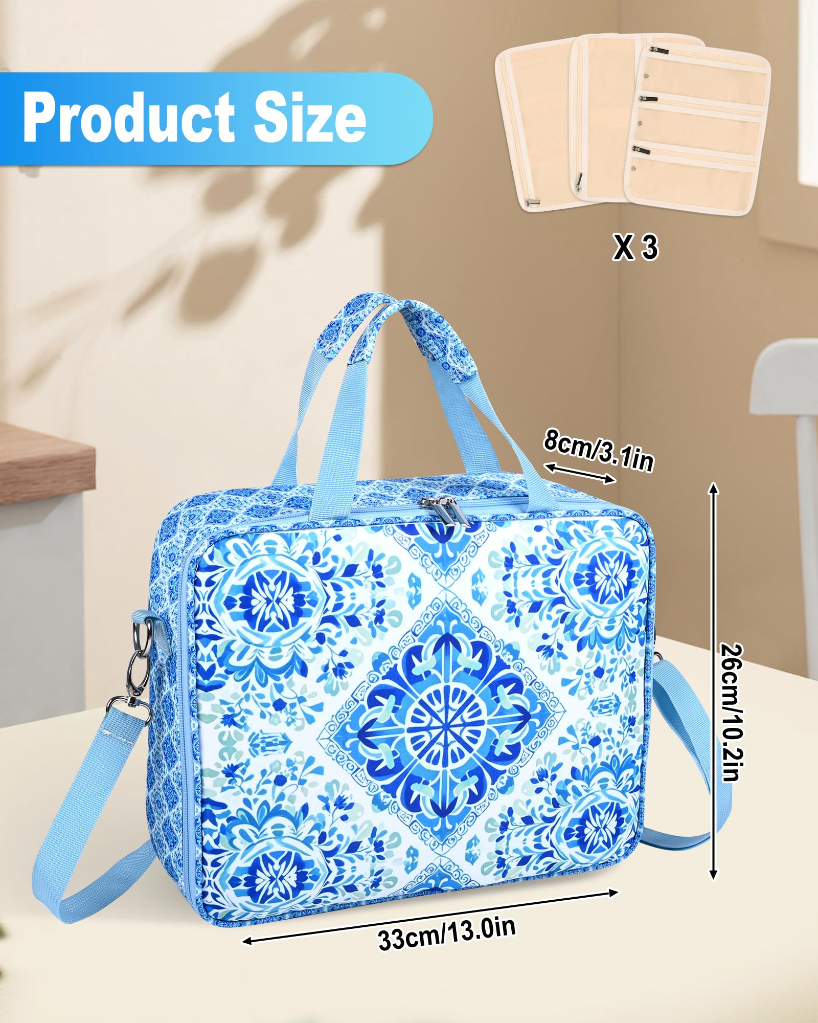 Telawsfun Craft and Sewing Supplies Storage Bag with Removable Binder, Large Capacity Travel Organizer Tote With Multi Pocket for Sewing Tools and Accessories (Blue Floral)
