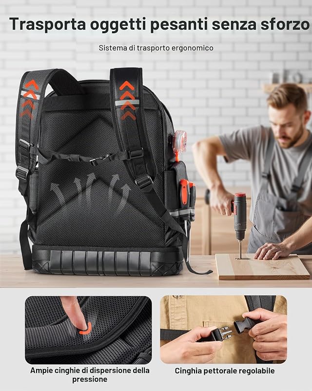 Zaino Portautensili, 64 Tasche, per Attrezzi Pesanti, Zaino da Lavoro con Scomparto per Laptop e Base Sagomata, Borsa da Cantiere per Elettricisti, Riparatori e Tecnici HVAC Nero