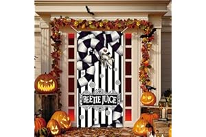 FARMNALL Beetlejuice Door Cover Scary Creepy Halloween Photo Backdrop Halloween Birthday Party Decorations and Supplies for Home