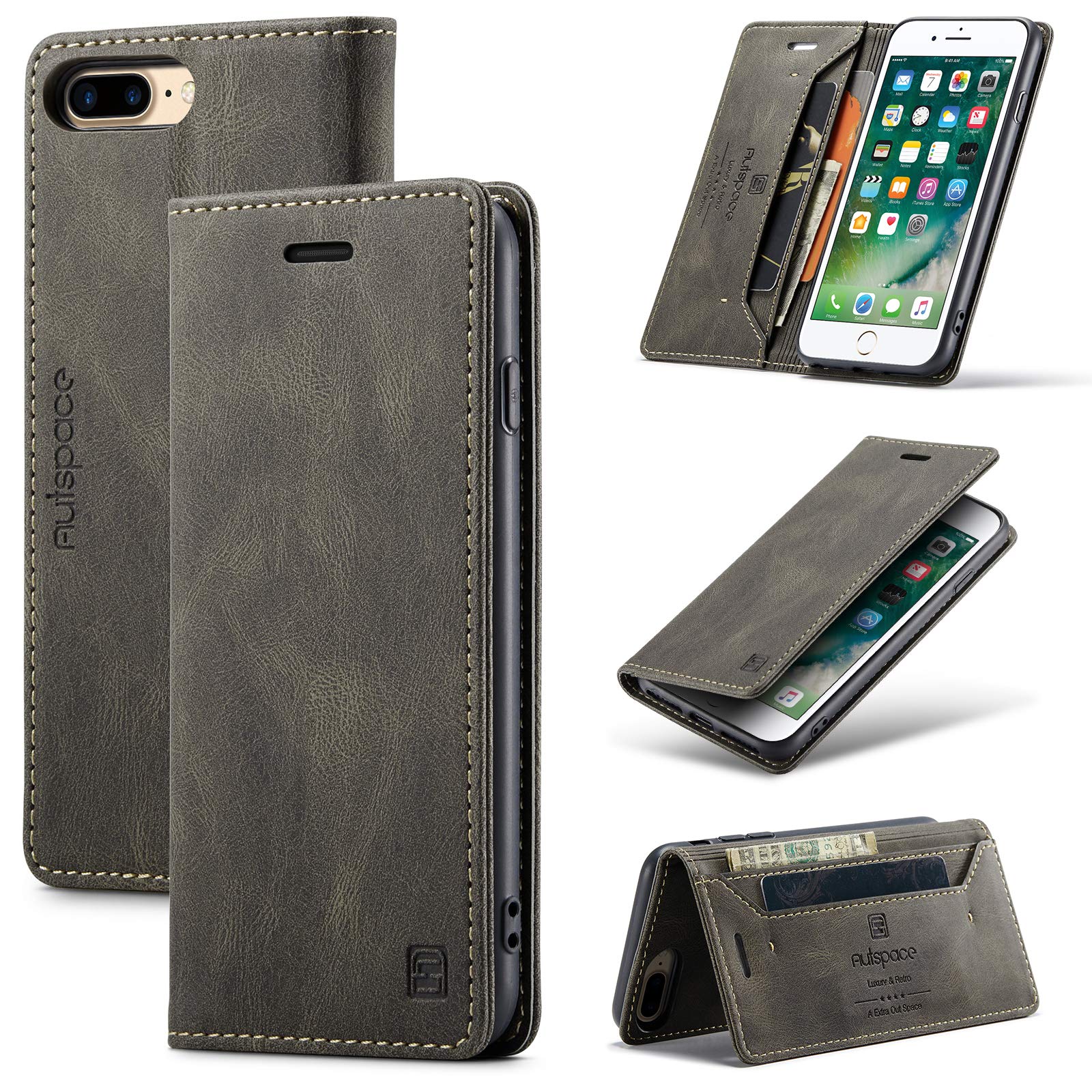 TOHULLE for iPhone 6 Plus for iPhone 6S Plus for iPhone 7 Plus for iPhone 8 Plus Case, Vintage Wallet Case Card Holder Kickstand hidden Magnetic Flip Leather Case - Coffee Brown — image 1