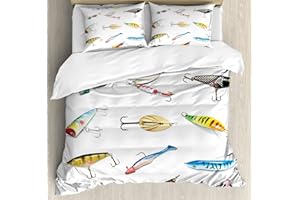 Ambesonne Fishing Duvet Cover Set, Several Fish Hook Equipment Objects Trolling Angling Netting Gathering Activity, Decorative 3 Piece Bedding Set with 2 Pillow Shams, Queen Size, White Gray