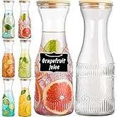 wookgreat Glass Carafe Pitchers with Lids, Set of 6 1 Liter Embossed Designed Beverage Pitcher Carafe Set for Mimosa Bar, Juice Container for Brunch, Cold Water, Juice -With 6 Wooden Chalkboard Tags