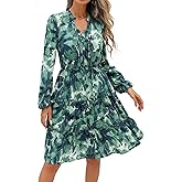 BTFBM Women Fall Dresses 2025 Floral V Neck Long Sleeve Tiered Ruffle Boho Swing Flowy A-Line Mini Dresses Vacation(Green Floral,X-Small)