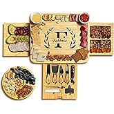 Custom Charcuterie Boards Set – Large Bamboo Cheese Board with 3 Drawers & Utensils Set- Round Tray Included,Personalized Bamboo Charcuterie Boards Gift Set, Wedding,Birthday Housewarming Gift