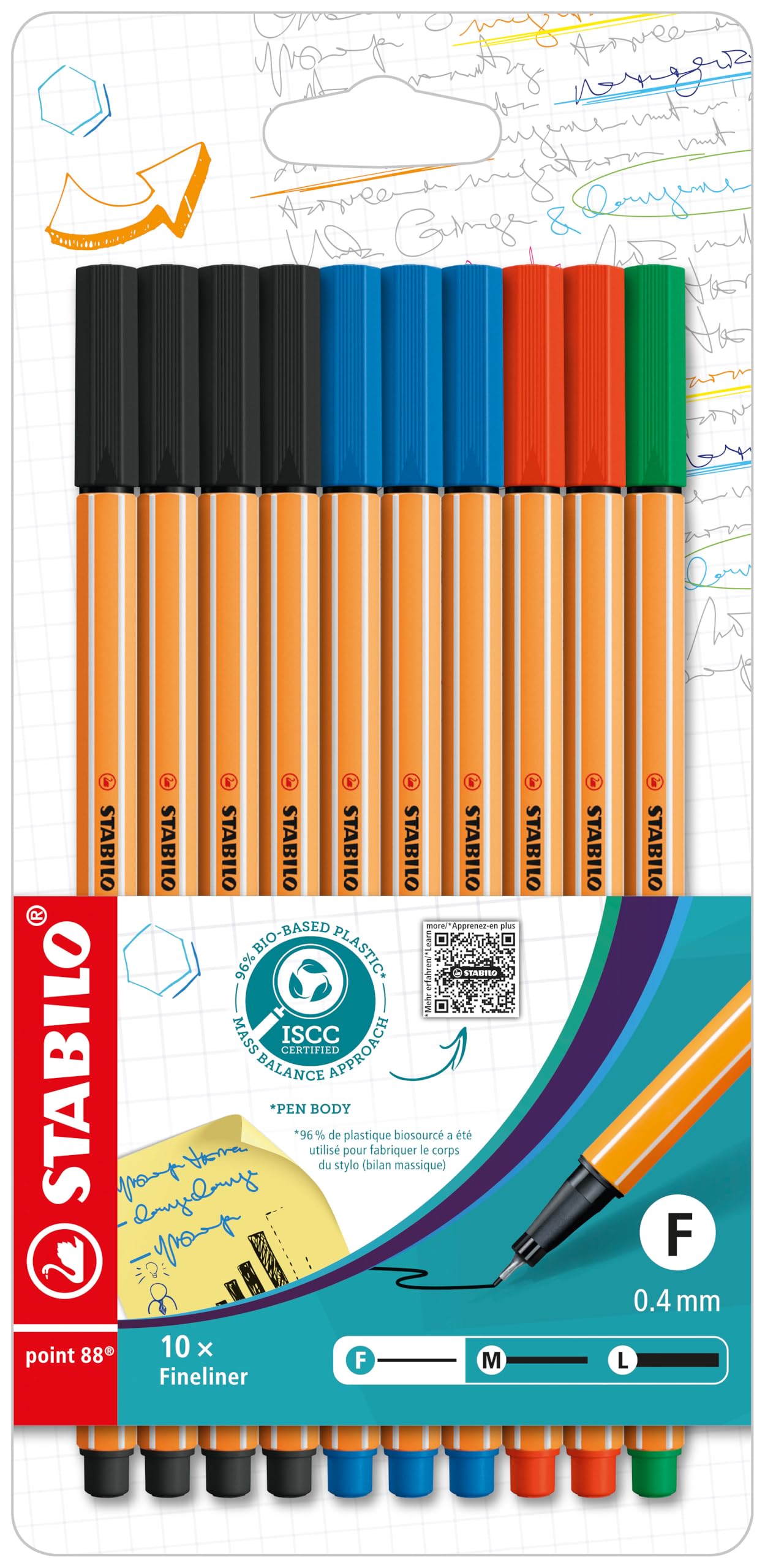 STABILO point 88 - Fineliner - Pack of 10 - Office Colours - Black, Blue, Red, Green
