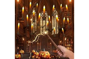 Amagic Batteries Included Floating Candles with Wand Remote, 12pcs Flickering Warm Light Flameless Taper Candles, Magic Hanging Candles with Base for Birthday Party, Halloween Decorations