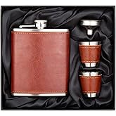 7 Oz Stainless Steel Hip Flask Gift Set Brown Leather with 2 Cups and Funnel 100% Leak Proof for Alcohol, Whiskey, Rum and Vodka Pocket Mini Drinking Flasks