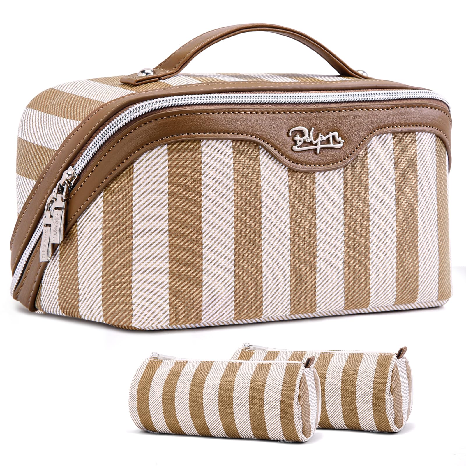 Photo 1 of BOYATU Travel Makeup Bag for Women: Large Cosmetic Bag Set of 3 - PU Leather Make up Bag with Compartments - Compact Waterproof Toiletry Bag with Divider & Handle (A-03Khaki)