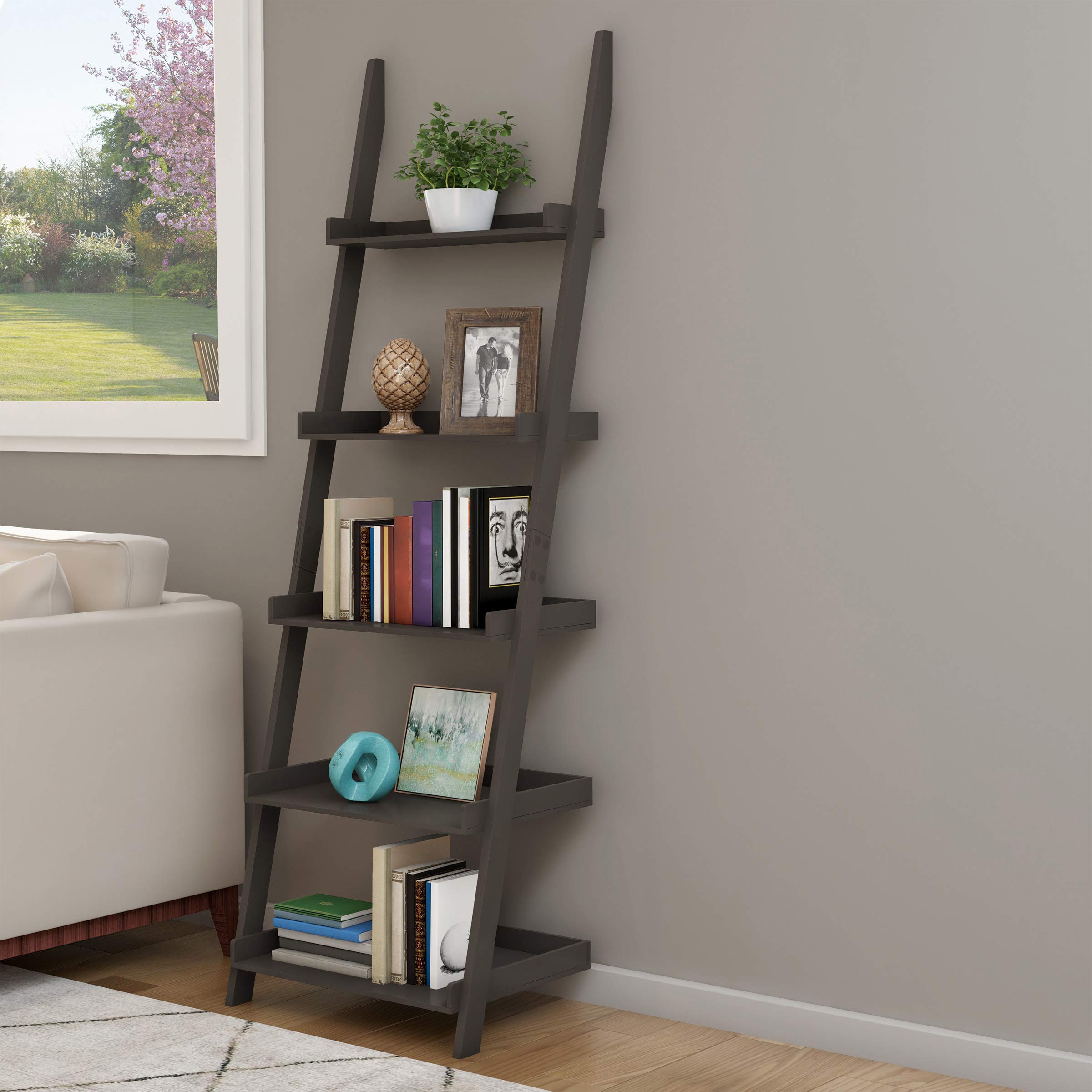 5-Tier Ladder Bookshelf - Freestanding Wooden Bookcase Frame with Leaning Look Shelves for Home and Office Storage by Lavish Home (Gray)