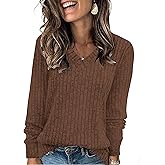 SunnyMelody Womens Casual V Neck Ribbed Knit Long Sleeve Sweater Fall Tops 2025 Trendy Lightweight Sweaters