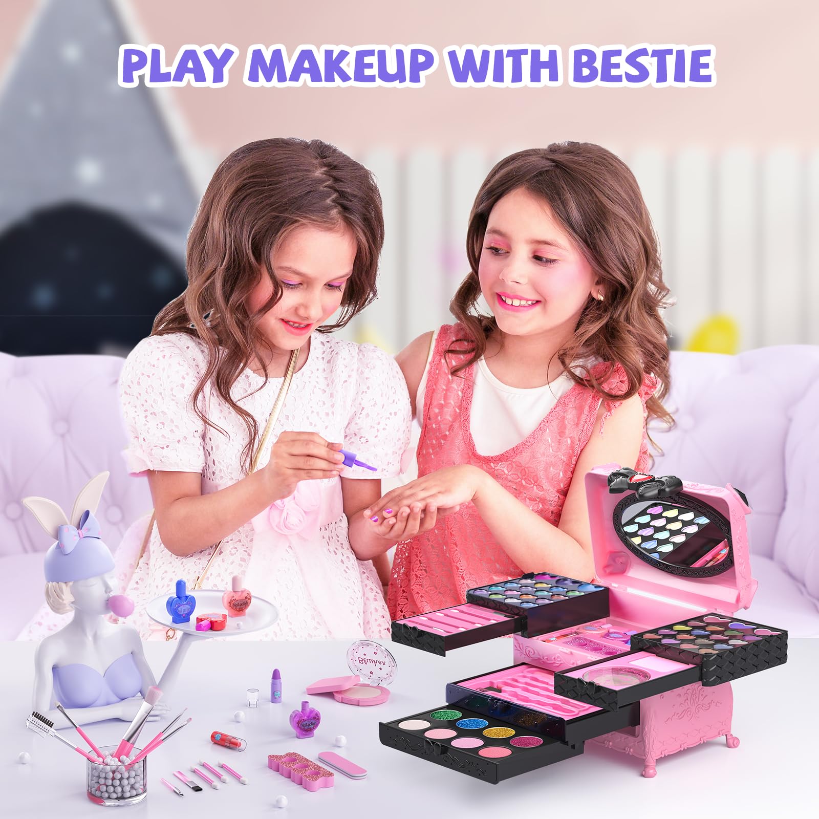 GORISPI Kids Makeup Sets for Girls, 66pcs Real Cosmetic for Kids Toys with Mirror, Princess Washable Girls Makeup Kit, Non-Toxic & Safe Brithday Gifts for 3 4 5 6 7 8 10 - 12 Years Old（Pink Black）