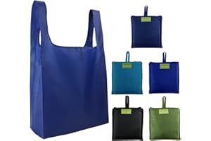 BeeGreen Reusable Grocery Bags 5 Pack, Grocery Tote Folded into Attached Pouch, Ripstop Polyester Shopping Bags, Washable, Durable and Lightweight (Black,Royal,Navy,Teal,Moss)