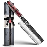 Japanese Nakiri Knife, 7 Inch Hand Forged Chef Knives with VG10 Steel, Professional Kitchen Knives, Ultra Sharp Vegetables Knife with Ergonomic Red Handle, Cooking Gifts for Men and Women